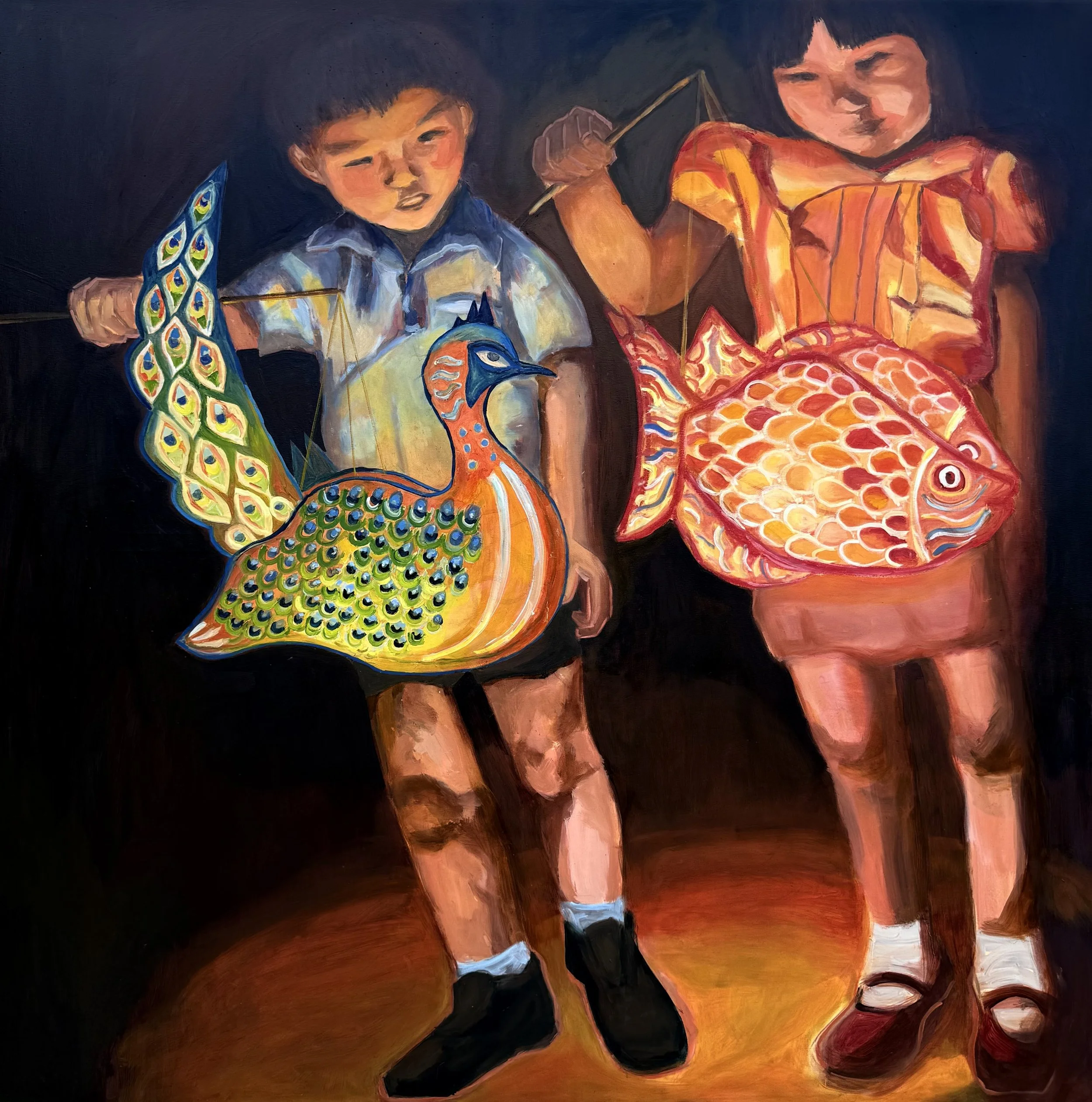 two small children holding mid-autumn festival lamps in the dark. their faces glowing in the candle light