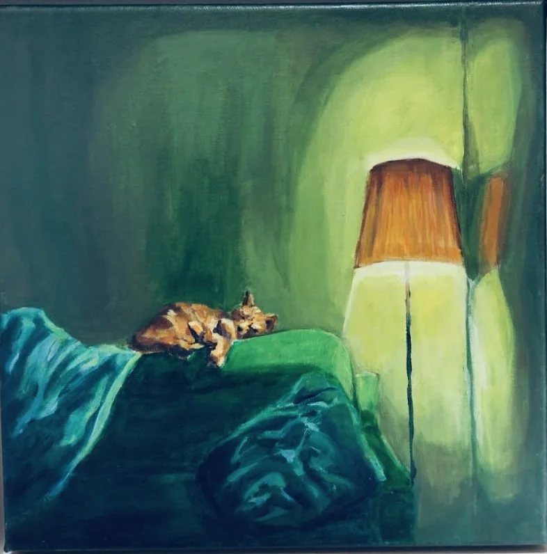 "Cat Asleep on Sofa" 2025, Oil on Canvas, 10 x 10 inches SOLD