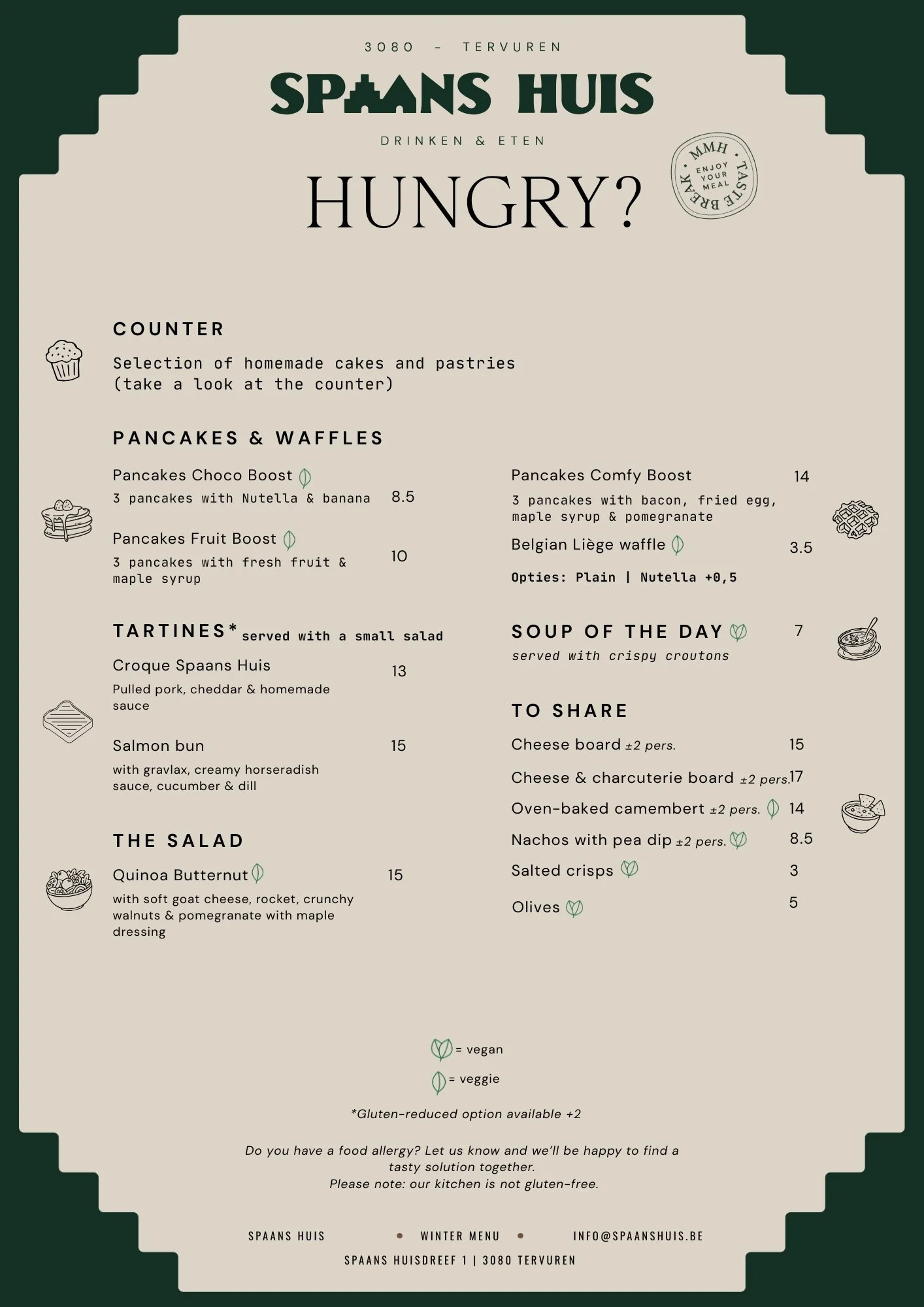 Menu for Spaans Huis, a restaurant in Tervuren. It features sections for counter, pancakes & waffles, tarts, salad, and shareable dishes, with options for vegans and vegetarians. Items include homemade cakes, pancakes, waffles, tartines, salad, and sharing boards.