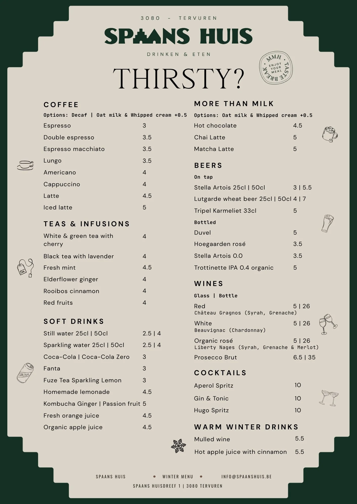 Menu of Spaans Huis café, listing drinks and food options including coffee, teas, beers, wines, cocktails, and warm winter drinks, with prices.