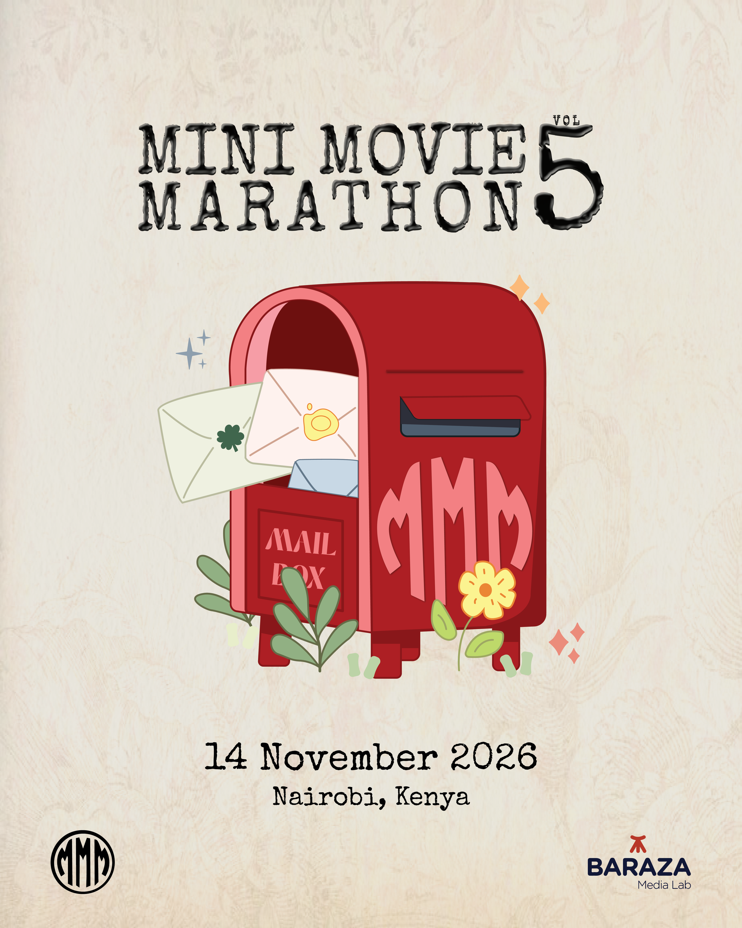 Event poster for Mini Movie Marathon Vol. 5, taking place on 14 November 2026 in Nairobi, Kenya, featuring a red mailbox with envelopes and decorative plants, and logos for Baraza Media Lab and a circular MLM emblem.