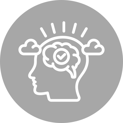 Outline of a human head with a brain and check mark, surrounded by clouds and rays, representing mental clarity or thinking.