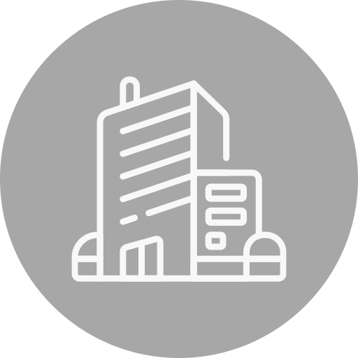 Line drawing of a cityscape with tall buildings on a gray circular background.