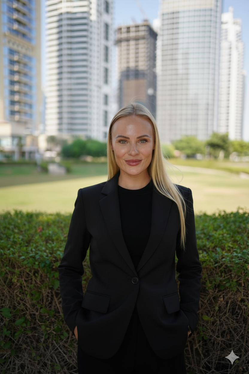 A smiling woman in a black suit standing inside a modern building with large windows, tropical plants, and a geometric marble floor.