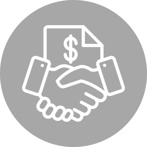 Line drawing of two hands shaking over a document with a dollar sign.