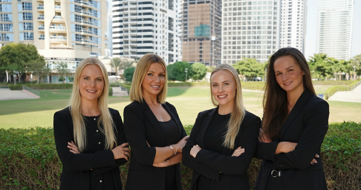 Four women in black business suits standing outdoors with skyscrapers and greenery in the background.