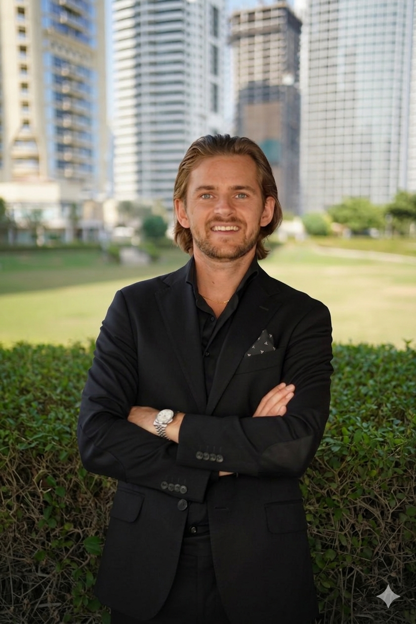 A man with long hair and a beard, wearing a black suit, standing outdoors with crossed arms, smiling.