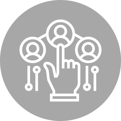 Icon of a hand pointing at three connected user icons, representing social networking or user connections.
