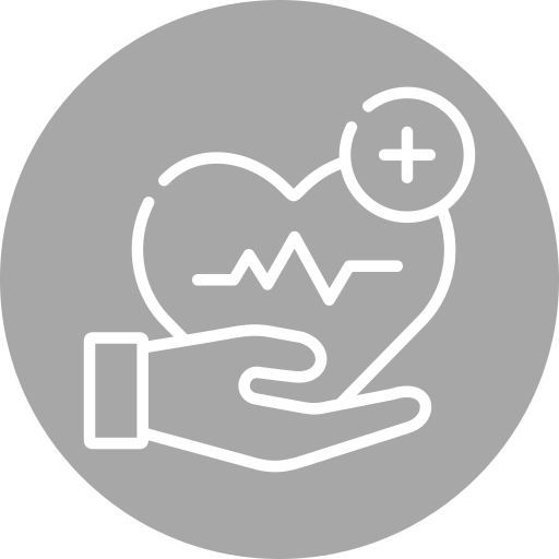 A line drawing of a hand holding a heart with a medical heartbeat line inside it, and a plus sign in a circle at the top right.