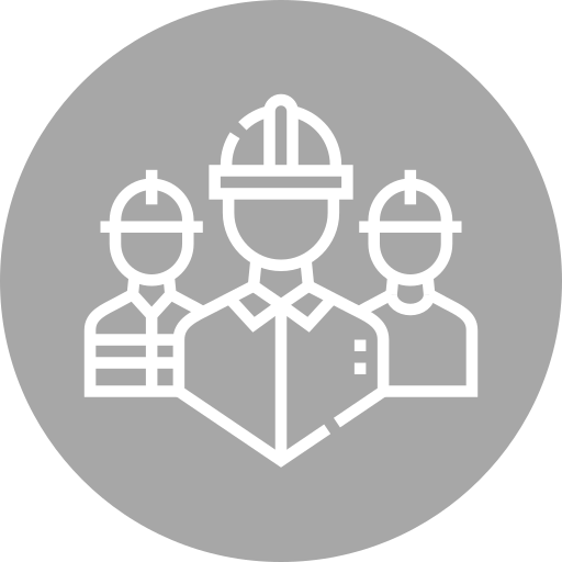 Line drawing of three construction workers wearing helmets, facing forward.