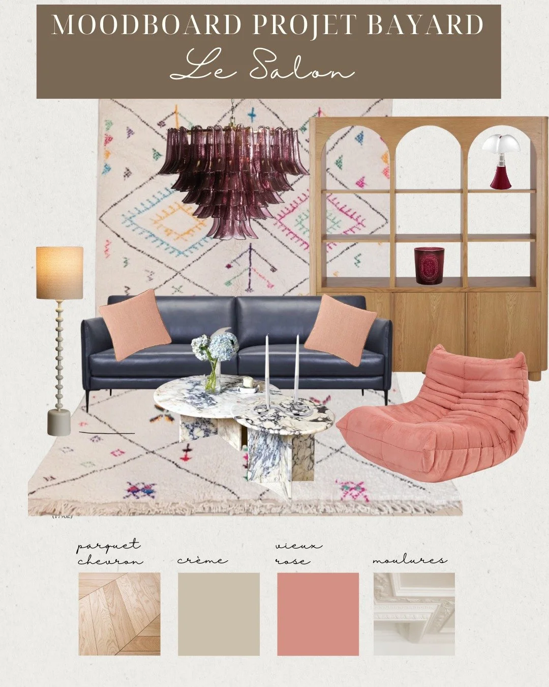 Le projet Bayard, c&rsquo;est la r&eacute;novation d&rsquo;un appartement de 78 m&sup2; pour en faire un lieu &eacute;l&eacute;gant, fonctionnel et chaleureux, fid&egrave;le au style de sa jeune propri&eacute;taire.
Dans le salon, l&rsquo;id&eacute;e
