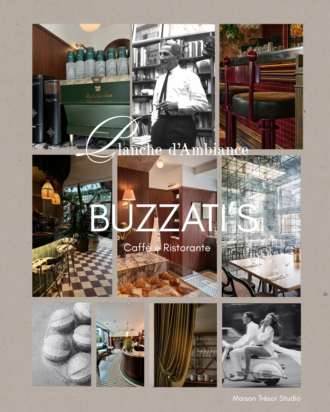 Une collection de photos d'un café et d'un restaurant appelé Buzzati's, avec différentes images d'intérieur et d'extérieur, ainsi que des éléments de décoration et une photo en noir et blanc d'un homme parlant dans une bibliothèque.