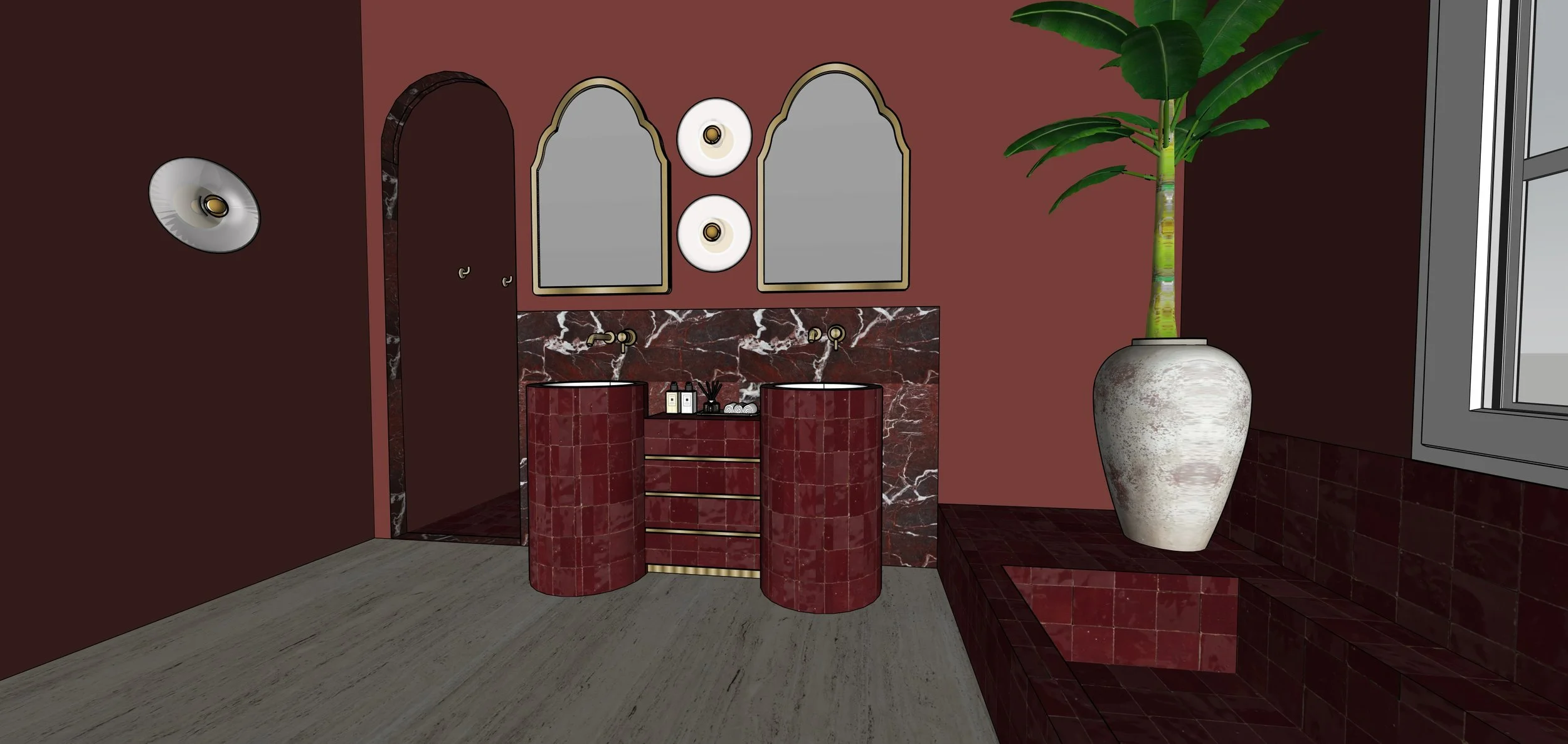 Intérieur de salle de bain moderne avec carrelage rouge foncé, double vasque et grands miroirs. Décorée avec une grande plante en pot et éclairage mural. Design élégant et chic.