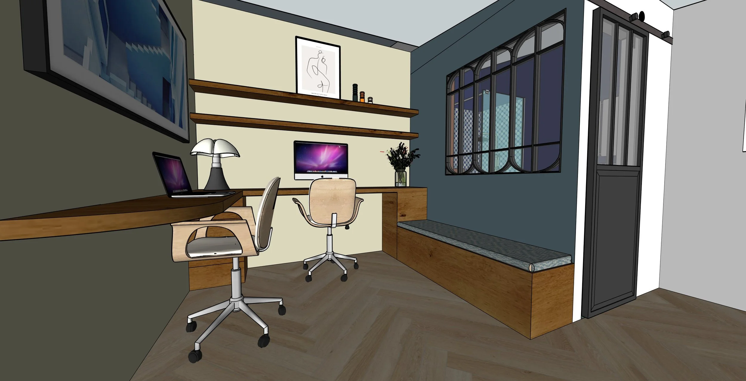 Un bureau moderne avec deux chaises pivotantes, un bureau en bois, un ordinateur de bureau et un ordinateur portable. Des étagères murales avec des objets décoratifs, une lampe de bureau, une fenêtre avec cadre noir, et un banc en bois avec coussin sont également visibles.