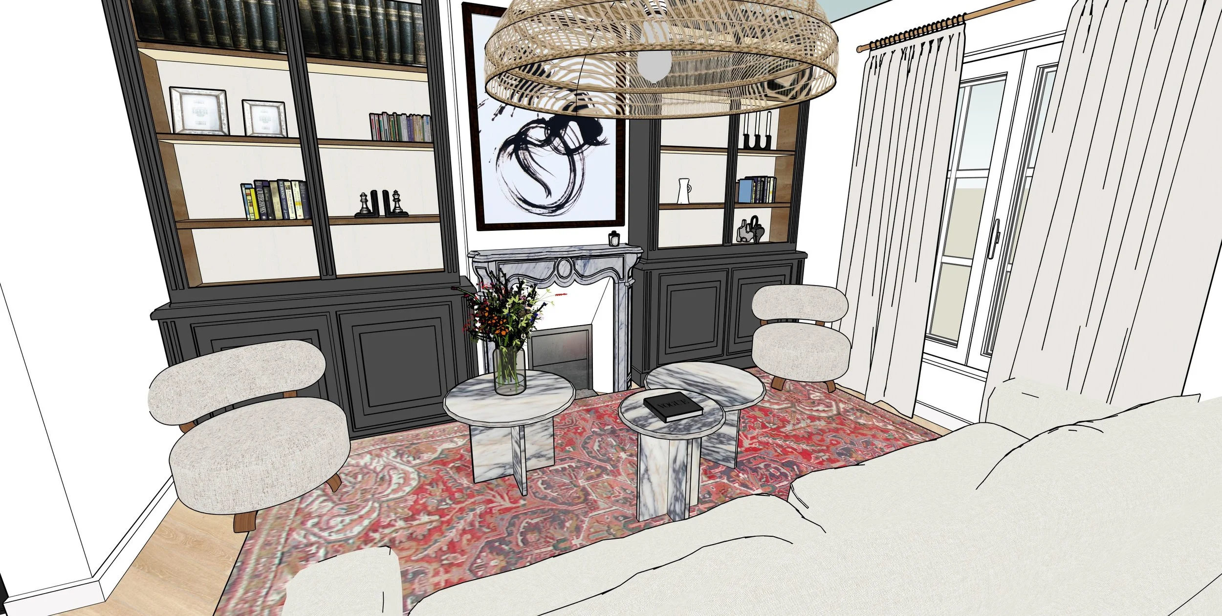 Illustration d'un salon moderne avec une bibliothèque, des fauteuils beige, une cheminée décorative, un tapis rouge, une lampe suspendue en osier et une fenêtre avec rideaux.