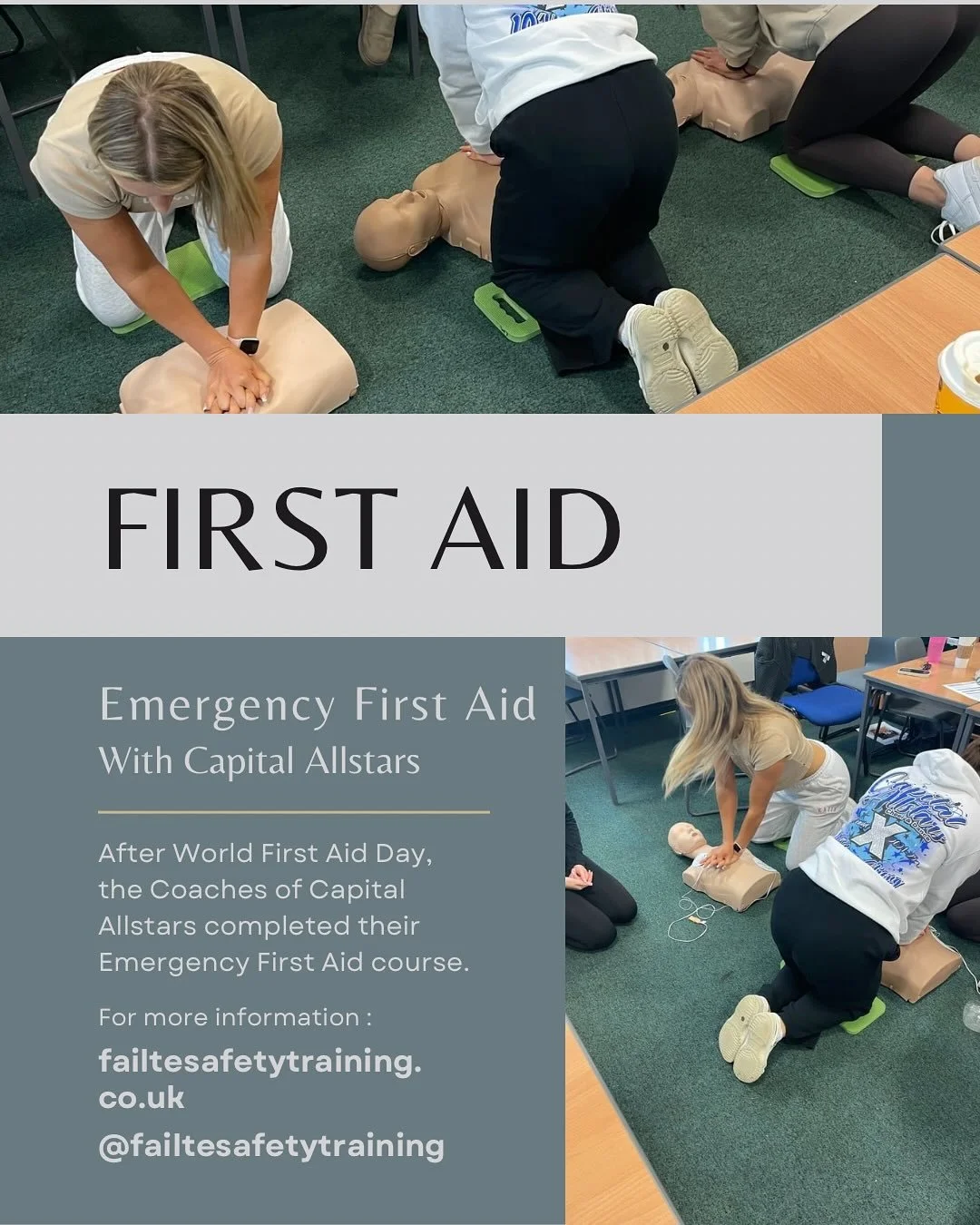 Spent the day with the lovely Ladies of @capitalallstars yesterday.
We covered all Emergency First Aid situations including the sports injuries that cheerleaders can endure.
Do you need to brush up on First Aid skills? ✅
Do you want to make sure yo