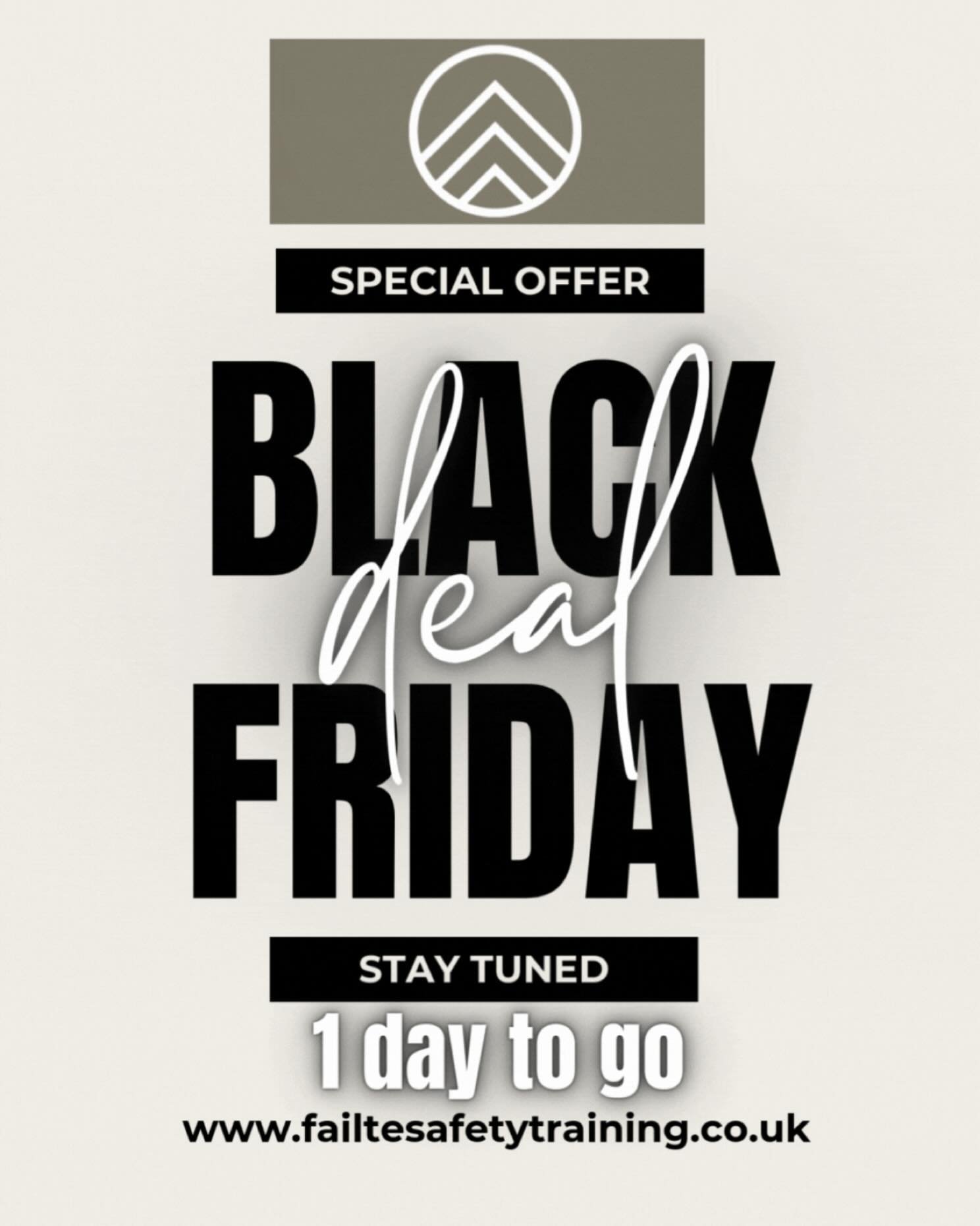 🔥 1 day to go! 🔥

Stay tuned for savings 

Www.failtesafetytraining.co.uk

#blackfriday #blackfridaydeals #savings #deals #selfdevelopment
