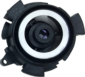 Close-up of a camera lens with a circular light surrounding it, mounted in a black housing.