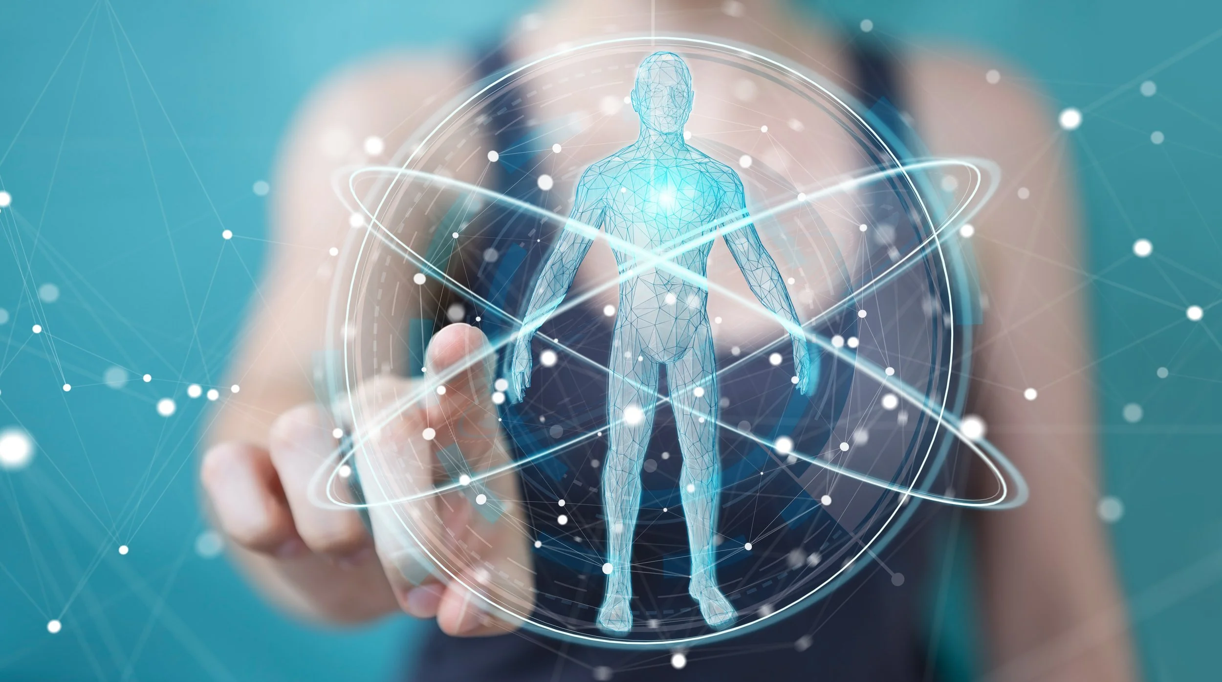 Digital illustration of a human body with a futuristic, holographic interface, surrounded by orbit-like lines and data points.