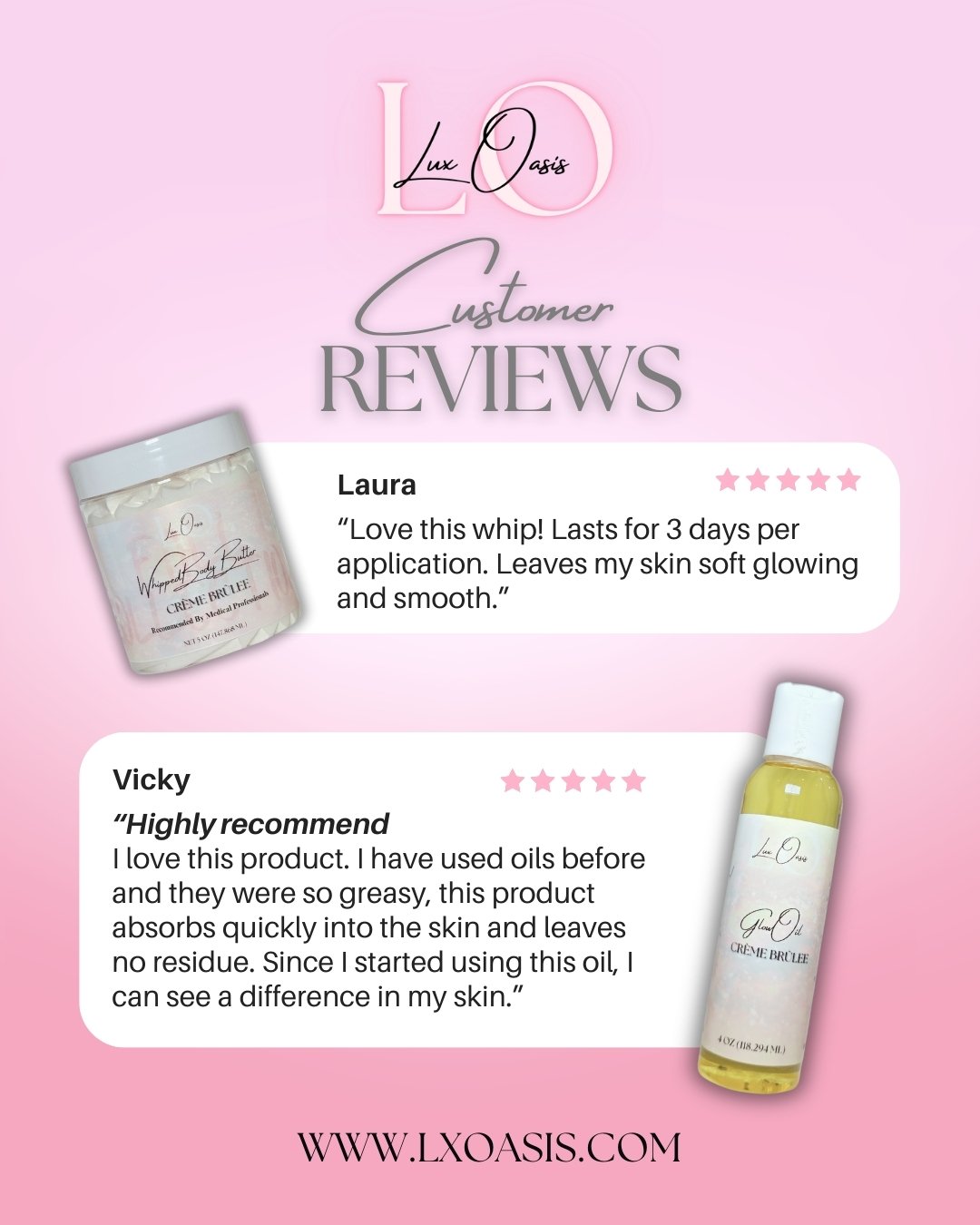 Hear how our customers rave about us:

💬 "Love this whip! Lasts for 3 days per application. Leaves my skin soft glowing and smooth." - Laura

💬 "Highly recommend. I love this product. I have used oils before and they were so greasy, 
