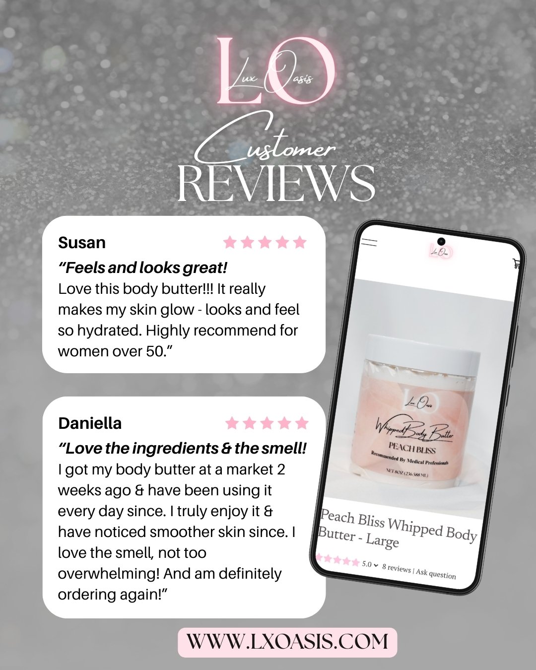Our customers say it best about our Peach Bliss Whipped Body Butter:

💬 &ldquo;Feels and looks great!
Love this body butter!!! It really makes my skin glow - looks and feel so hydrated. Highly recommend for women over 50.&rdquo; - Susan

💬 &ldquo;L