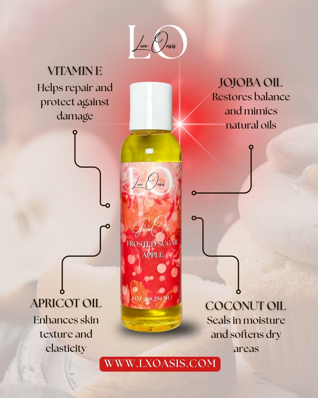 Our Frosted Sugar Apple Glow Oil aroma transports you to a sugar-dusted winter orchard with the sweetness of candied berries and the warmth of cinnamon. 

What's in it?
✨ VITAMIN E: Helps repair and protect against environmental damage.
✨ JOJOBA OIL: