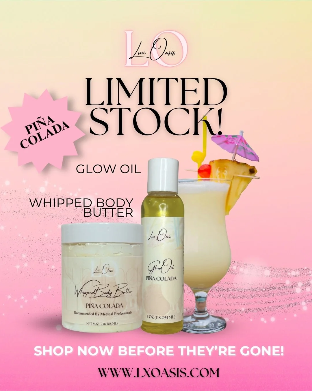 Pi&ntilde;a Colada is almost gone&hellip; 🍍🥥

Our glow oil and hyaluronic-infused whipped body butter are down to the last few.

If you&rsquo;ve been thinking about it, this is your sign. 😉

🛒 Shop now at lxoasis.com.

#LuxOasis #PinaColada #LuxO
