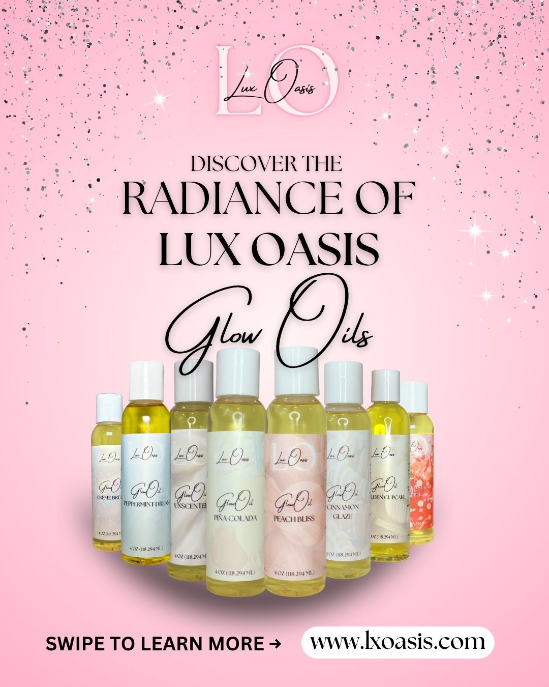 The Lux Oasis the Glow Oil collection ✨

Each scent is crafted to do more than smell amazing. 

Our glow oils are made with skin-loving ingredients that deeply nourish, lock in moisture, and leave your skin with a soft, radiant finish.  They can also