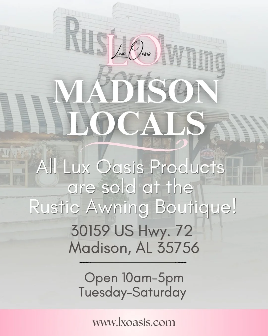 Madison Locals, did you know you can shop Lux Oasis in-person? 

We are proud to have our products available at The Rustic Awning Boutique! Stop by to pick up your favorite body butters and glow oils. 

30159 U.S. Hwy. 72
Madison, AL 35756

Open 10am