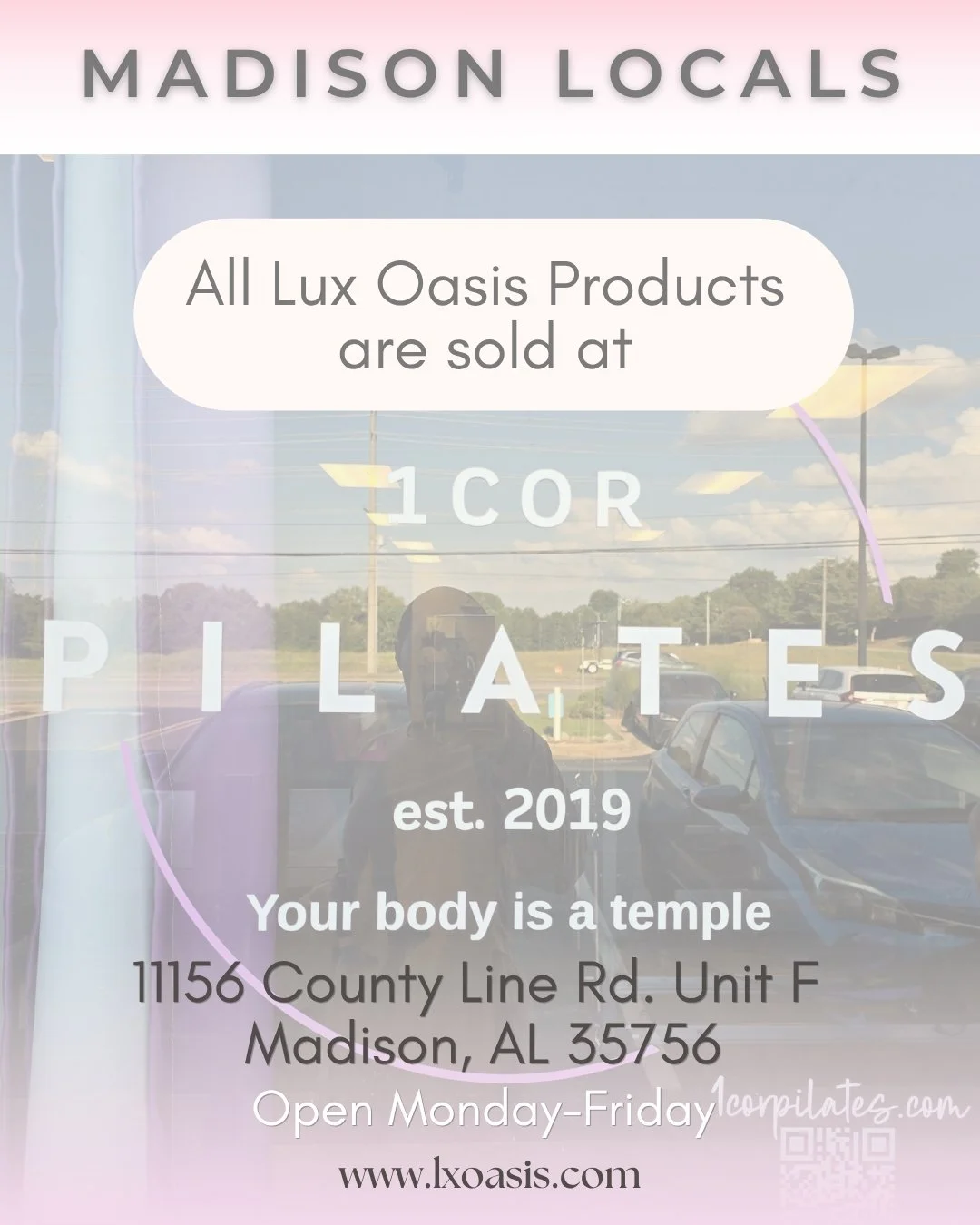 Madison locals, did you know you can shop Lux Oasis in person? 

We are so happy  to have our products available at 1Cor Pilates! 

Stop by after your workout to pick up your favorite body butters and glow oils. 

11156 County Line Rd. Unit F
Madison