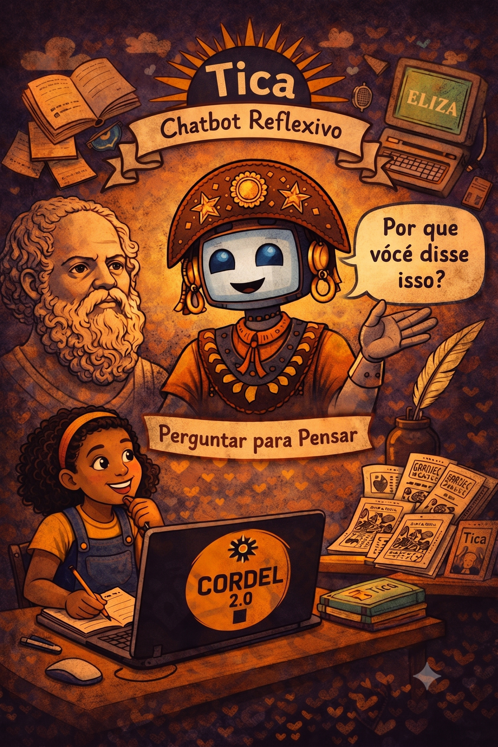 Ilustração de uma mesa com uma pessoa estudando, várias revistas e documentos. ao centro, um robô com chapéu, usando fone de ouvido, e uma pessoa com cabelo cacheado e pele escura, sorrindo. Na tela do computador, o logo do curso 'Cordel 2.0'. Ao fundo, quadros com textos, livros, uma planta e objetos variados, em um estilo artístico colorido.