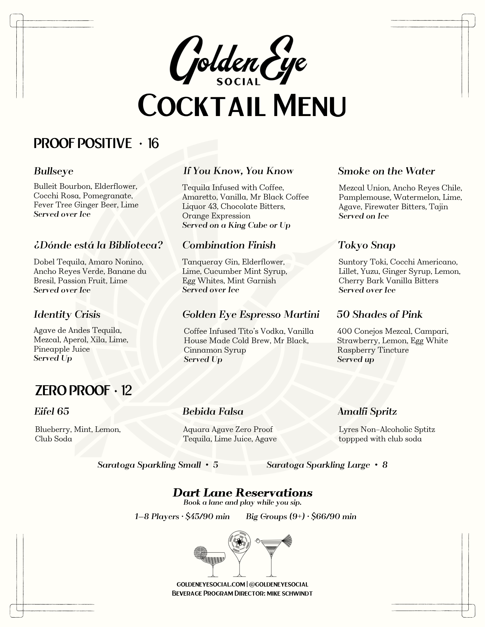 Cocktail menu from Golden Eye Social, featuring various drinks including Proof Positive, If You Know You Know, Smoke on the Water, Identity Crisis, Golden Eye Espresso Martini, and others, with prices and descriptions, along with social media and booking information at the bottom.