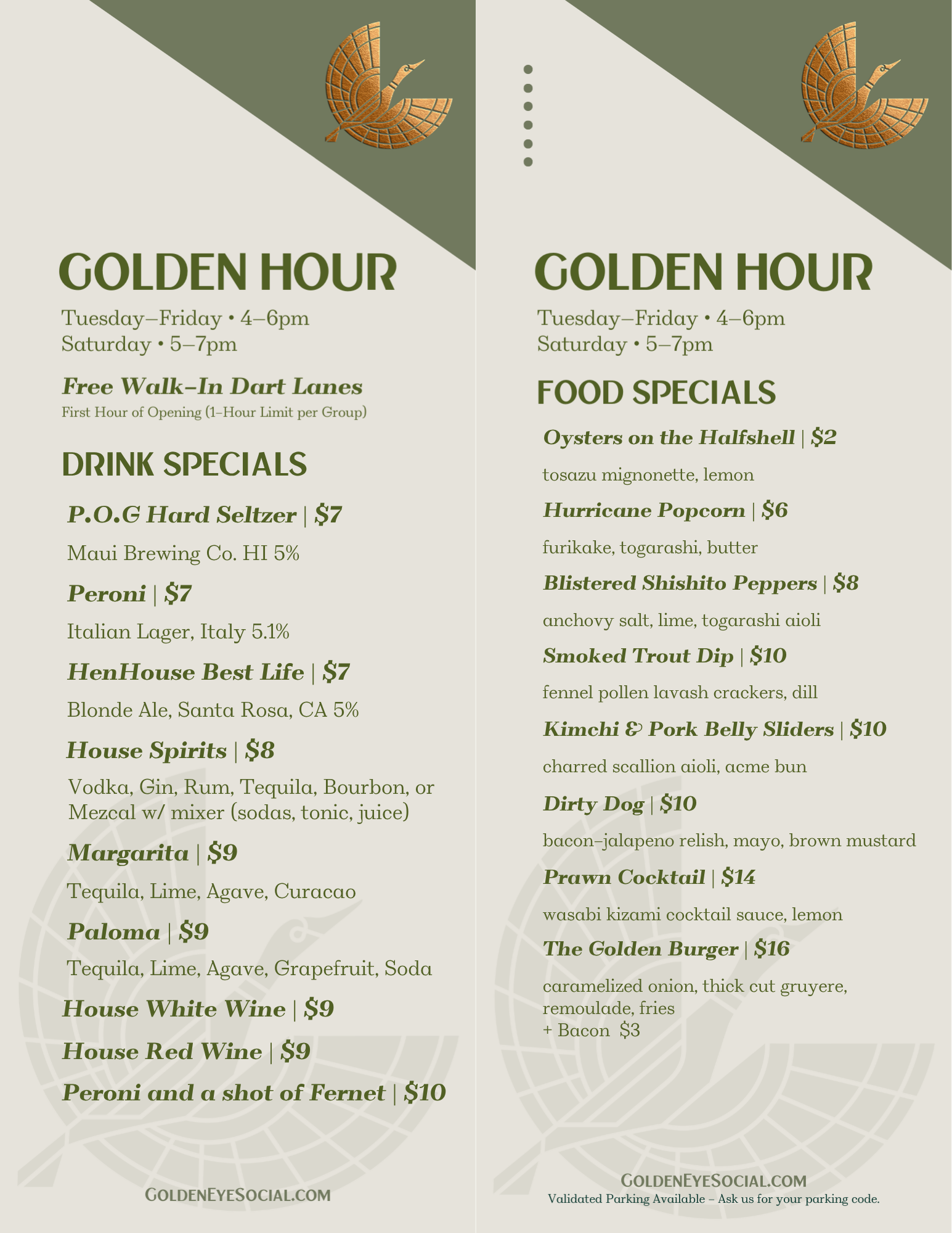 Two mirror images of a restaurant menu with the title 'Golden Hour', serving hours, specials, and drink options on a green and beige background with a bird logo.