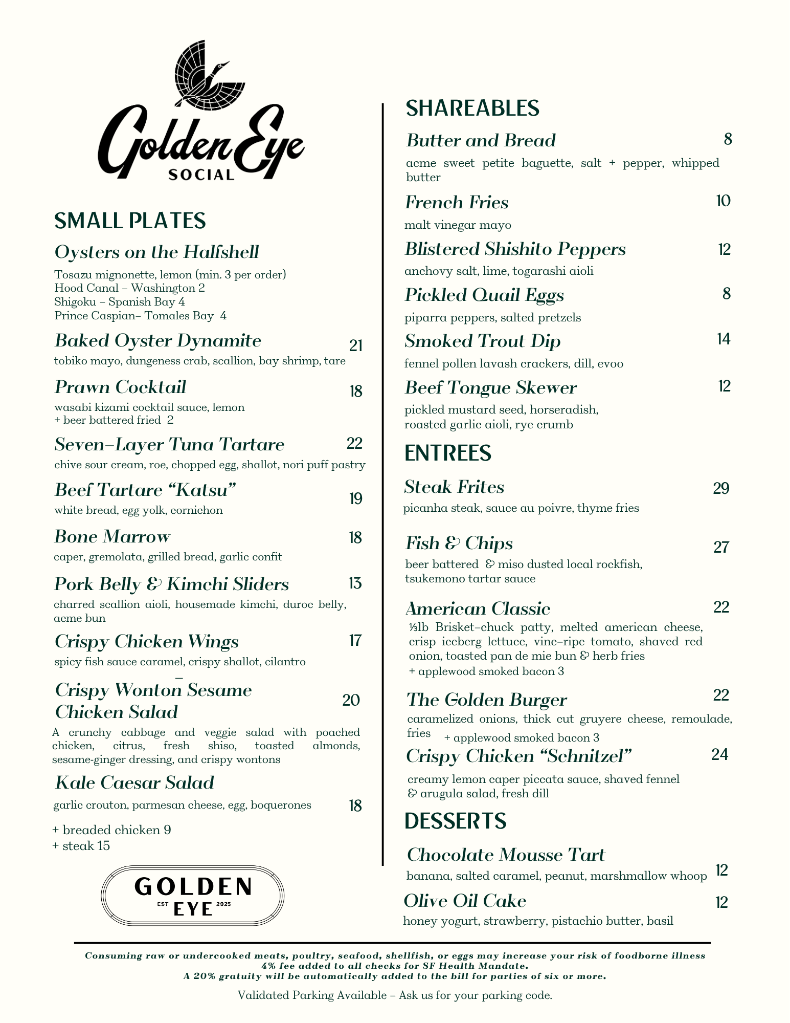 Menu for Golden Eye Social restaurant featuring small plates, shareables, entrees, and desserts.