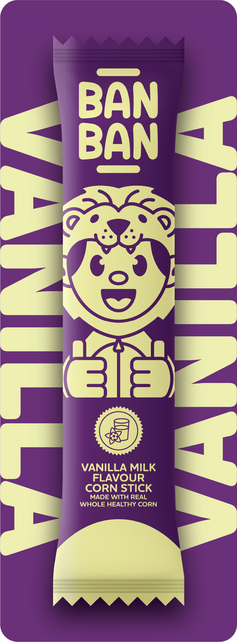 Purple vanilla milk flavor corn stick packaging with cartoon lion and child giving double thumbs up, text indicating real whole healthy corn ingredients.