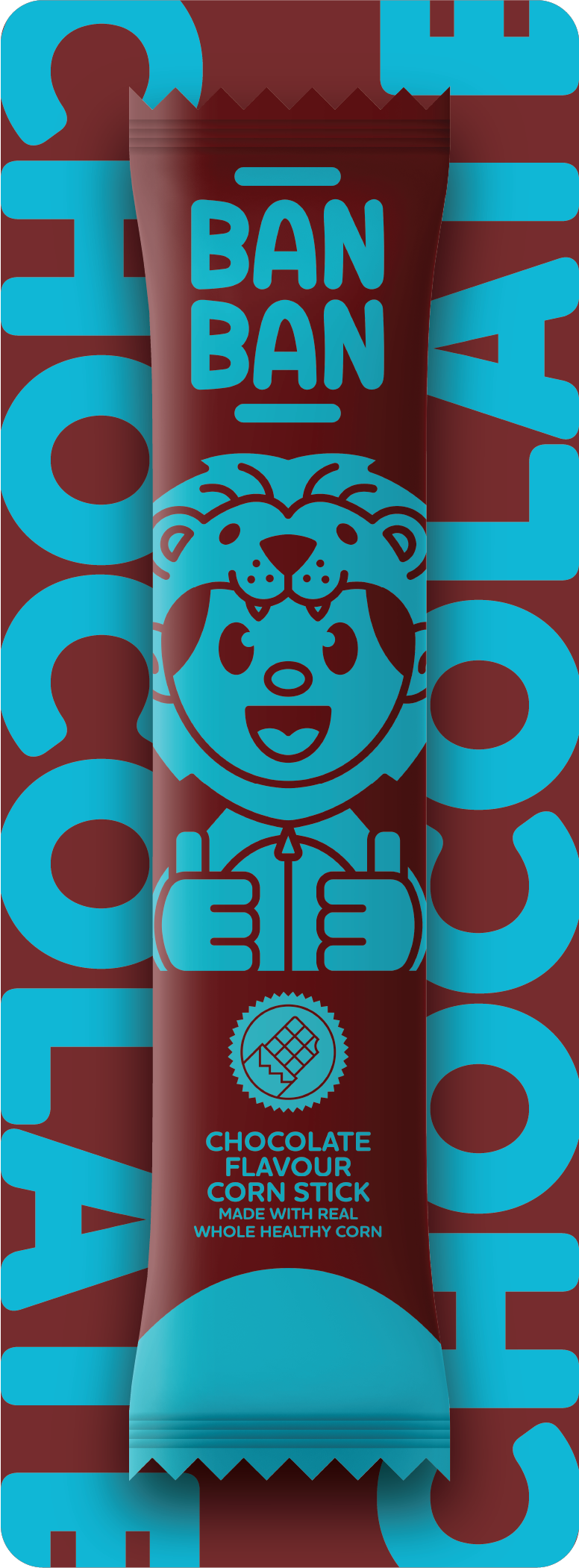 Chocolate flavor corn stick with a colorful wrapper featuring a cartoon lion and a smiling child giving two thumbs up, with bold blue and red design elements.