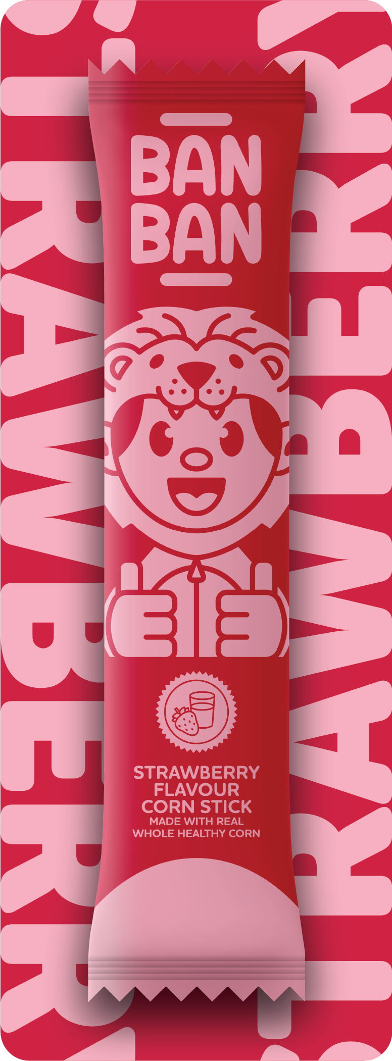 A packaging wrapper for Strawberry Flavour Corn Stick featuring a pink and light pink color scheme with a cartoon lion and a child's face giving thumbs up. The wrapper includes the text 'BAN BAN' at the top, and the product description at the bottom.