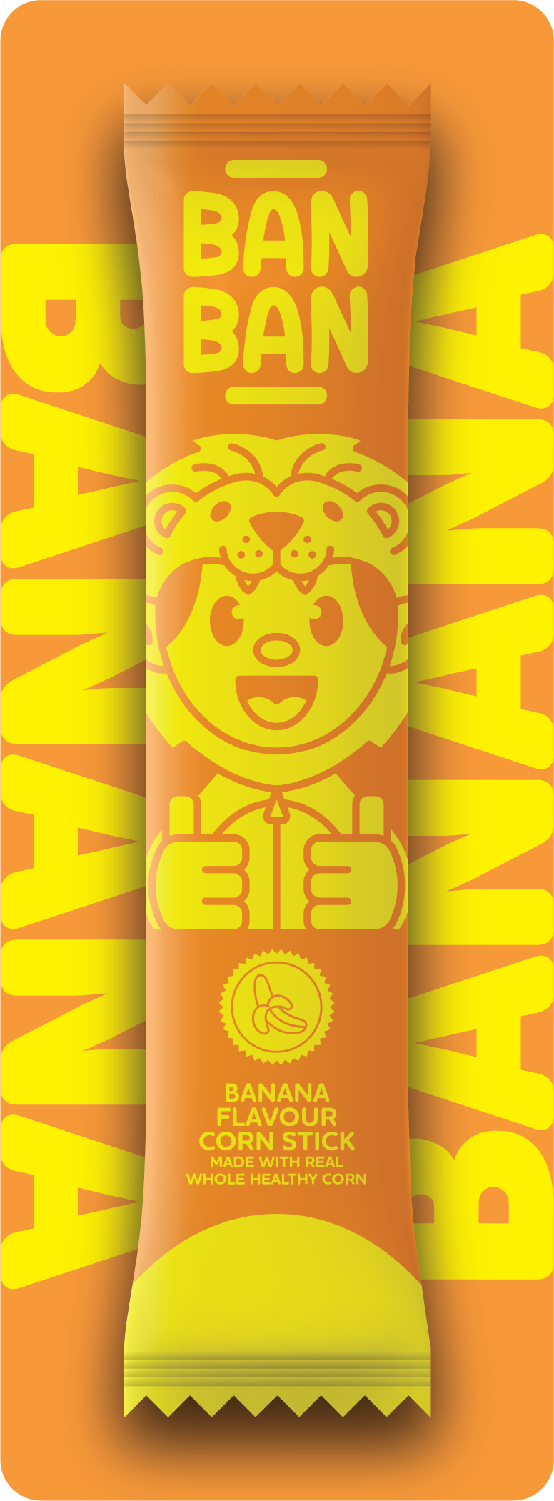 Orange and yellow packaging for Ban Ban banana corn snack, featuring cartoon characters of a lion and a girl giving thumbs up.