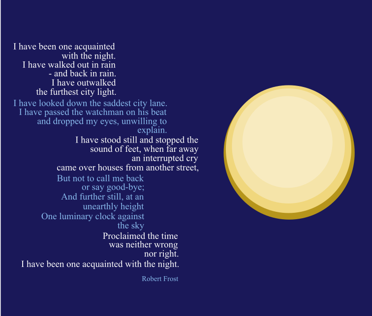 I designed this graphic to illustrate an understanding of typography. Each verse of the poem is laid out to resemble a city skyline when turned 90 degrees. The moon and skyline are visual references to the content of the poem.