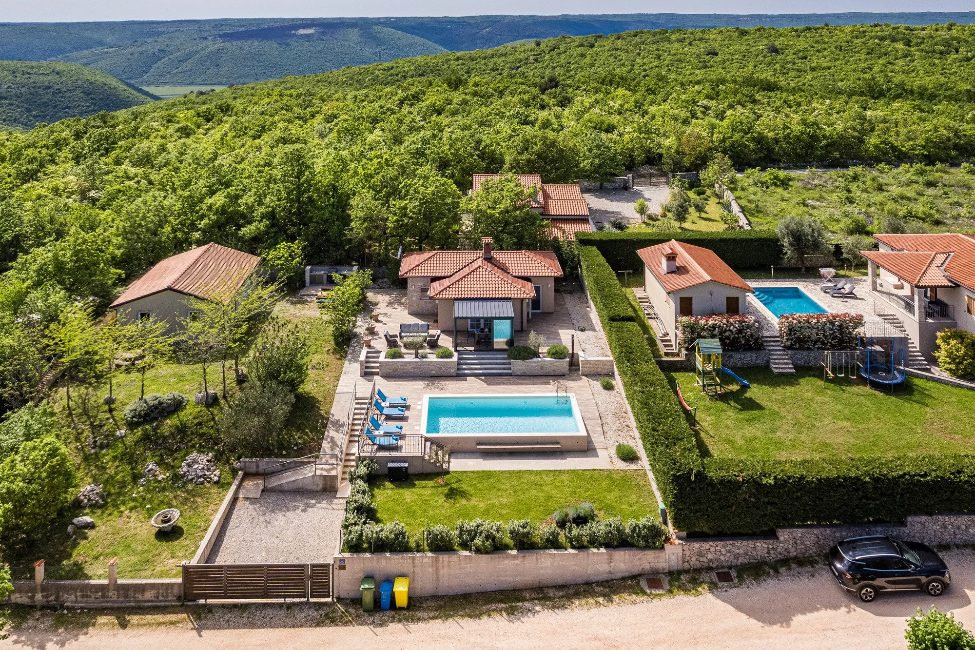 Aerial view of a luxury villa with pool in Istria