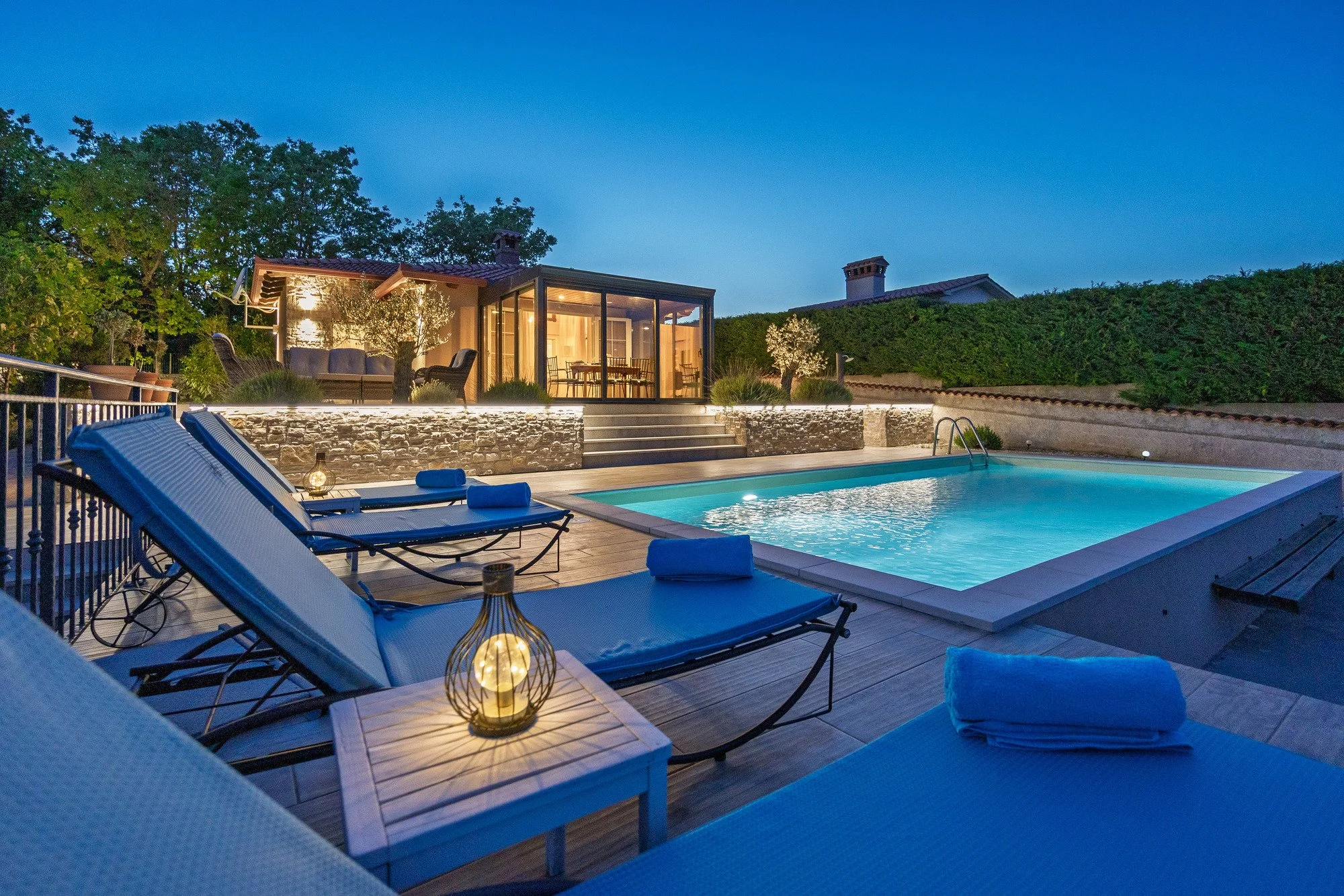 Atmospheric night lighting of a luxury holiday home