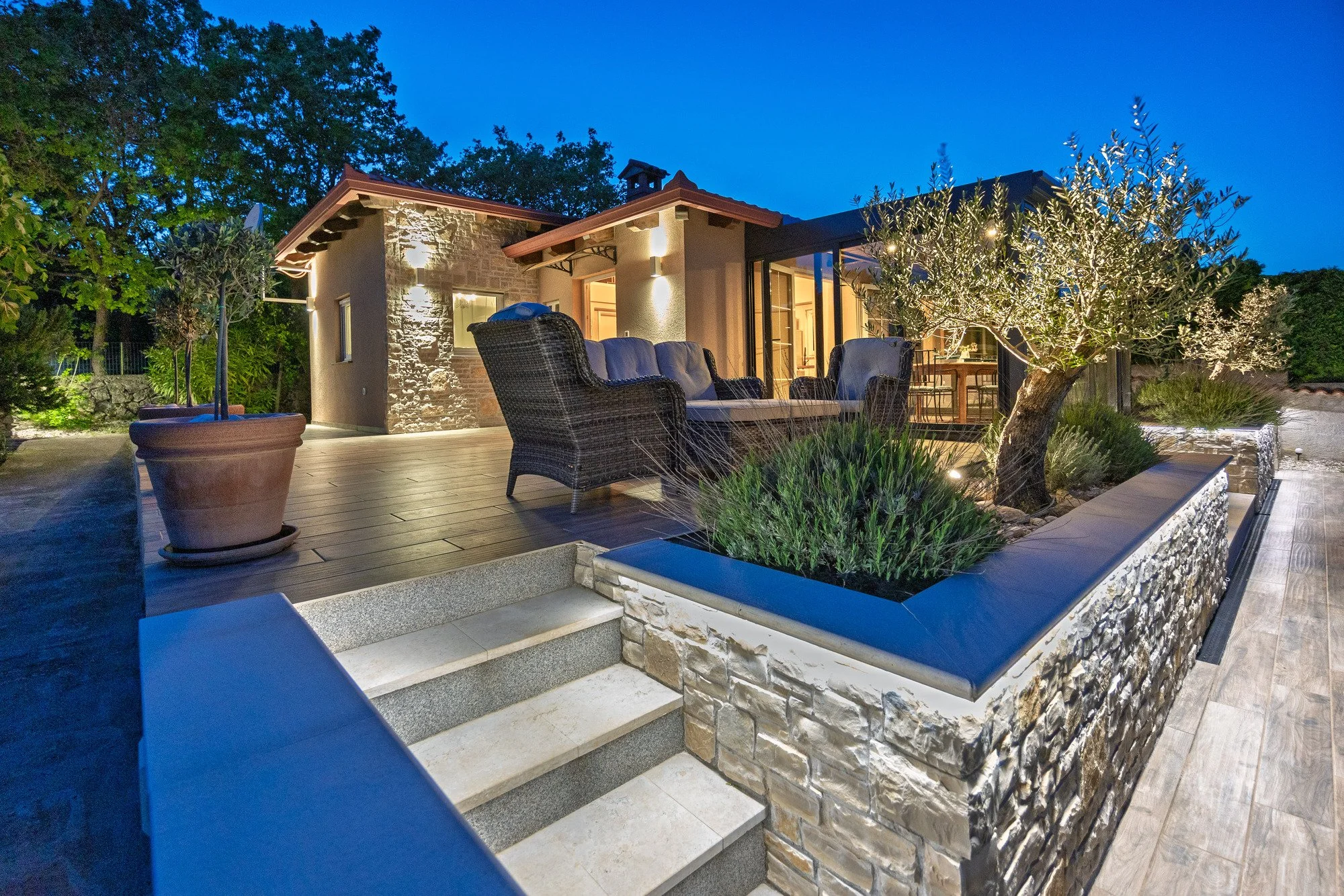 Evening exterior view of a private villa in Istria