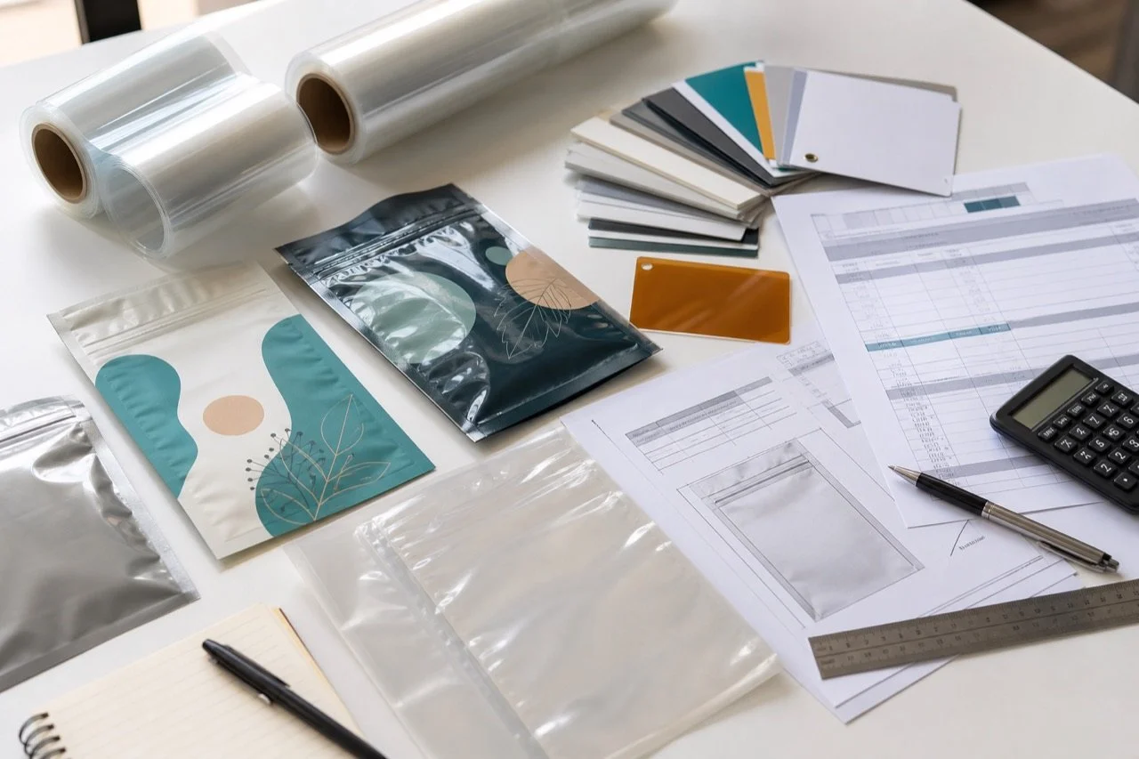 Packaging buyer reviewing PE and CPP film samples with specification checklist