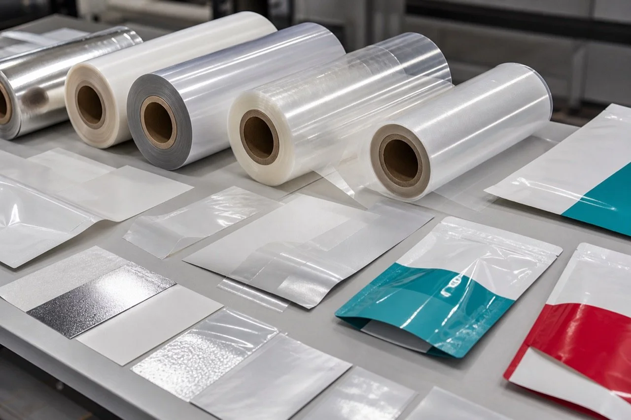 Flexible packaging film rolls and material samples for custom printed packaging selection