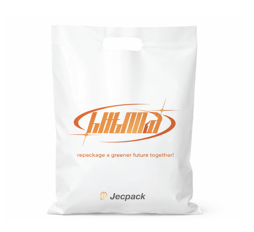White plastic shopping bag with orange and black text and logo, featuring the words "Jecpack" and slogan "repackage a greener future together!"