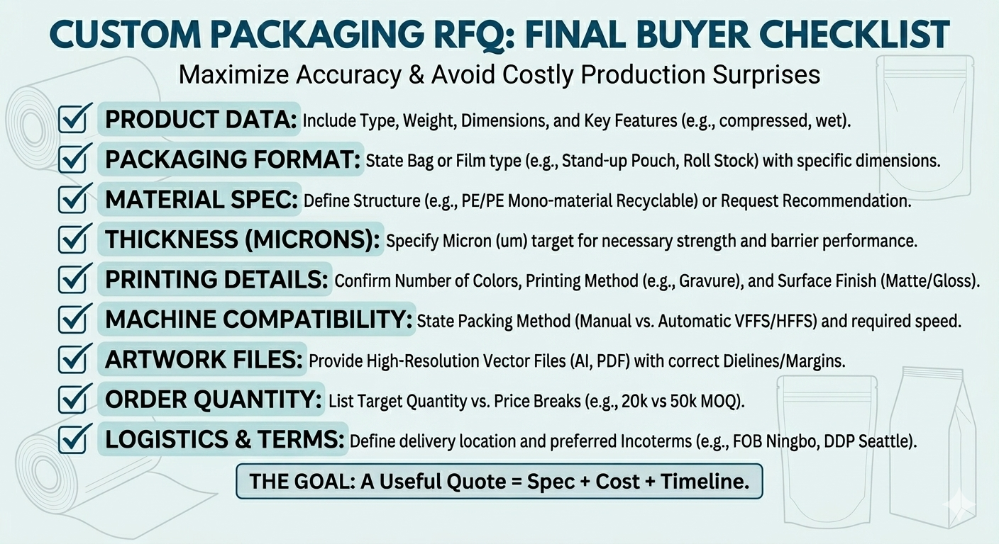 A professional checklist graphic summarizing key technical specifications required for a custom flexible packaging RFQ, including material structure, dimensions, printing details, and logistics
