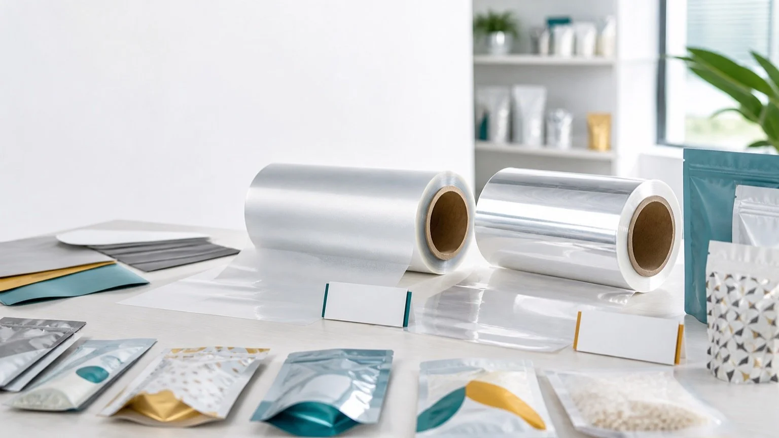 PE and CPP film samples arranged for flexible packaging material comparison