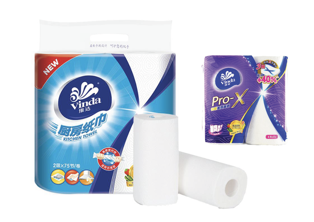 A pack of kitchen paper towels and a pack of paper towels on a white background.