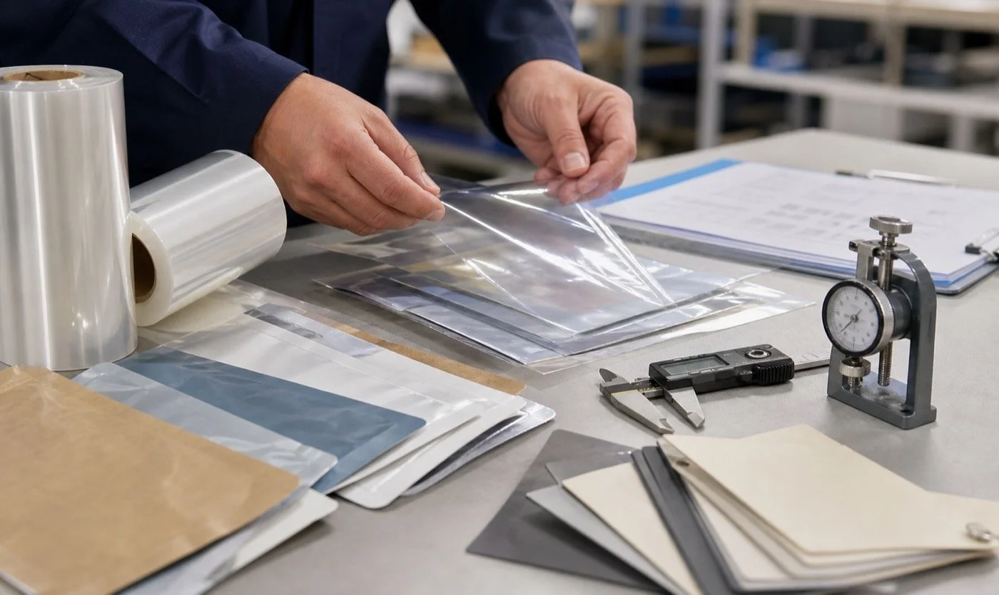 Flexible packaging film samples, material swatches, and inspection tools used for PPWR compliance review.