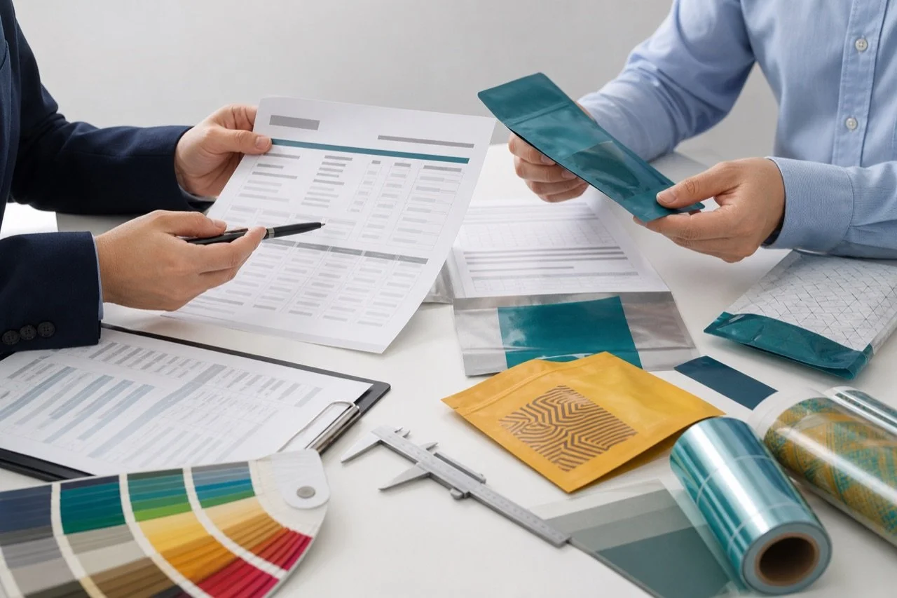 Buyers reviewing custom printed flexible packaging samples with quote checklist and measuring tools
